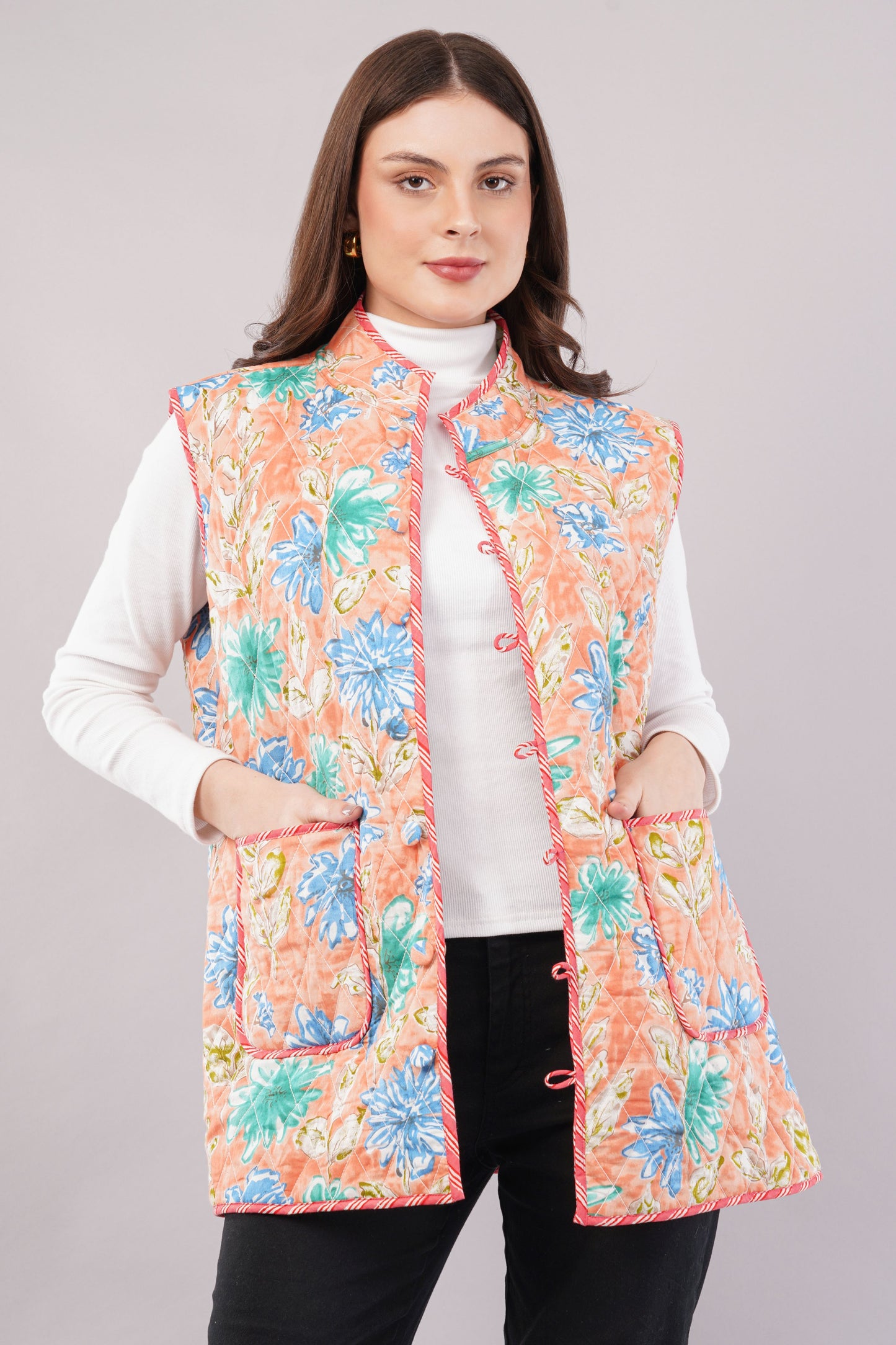 Reversible Quilted Cotton Vest – Turquoise & Peach Floral Sleeveless Jacket with Pockets
