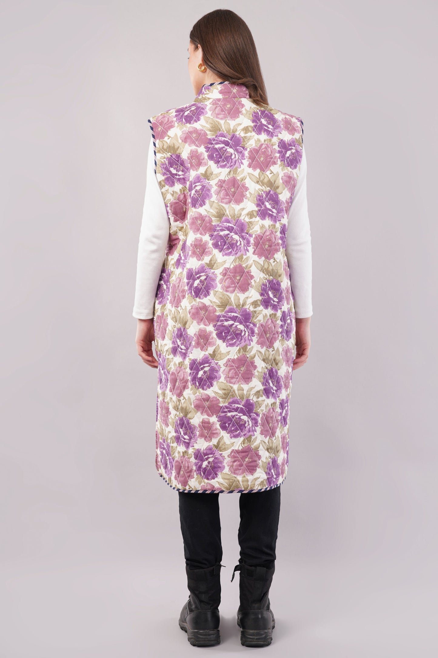 Reversible Quilted Cotton Vest – Purple Floral & Pink Diamond Sleeveless Jacket with Pockets