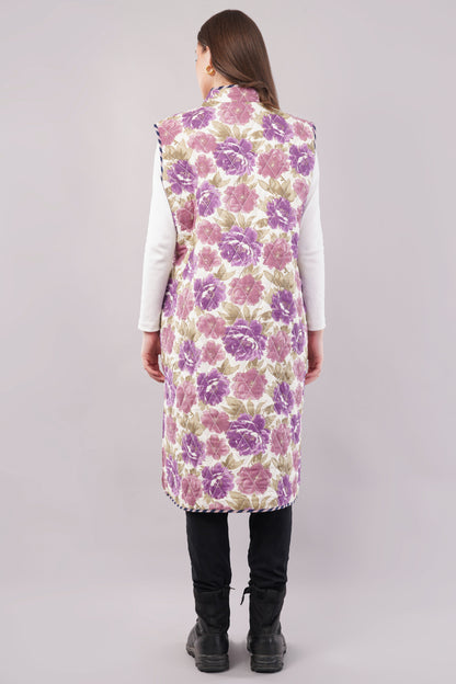 Reversible Quilted Cotton Vest – Purple Floral & Pink Diamond Sleeveless Jacket with Pockets