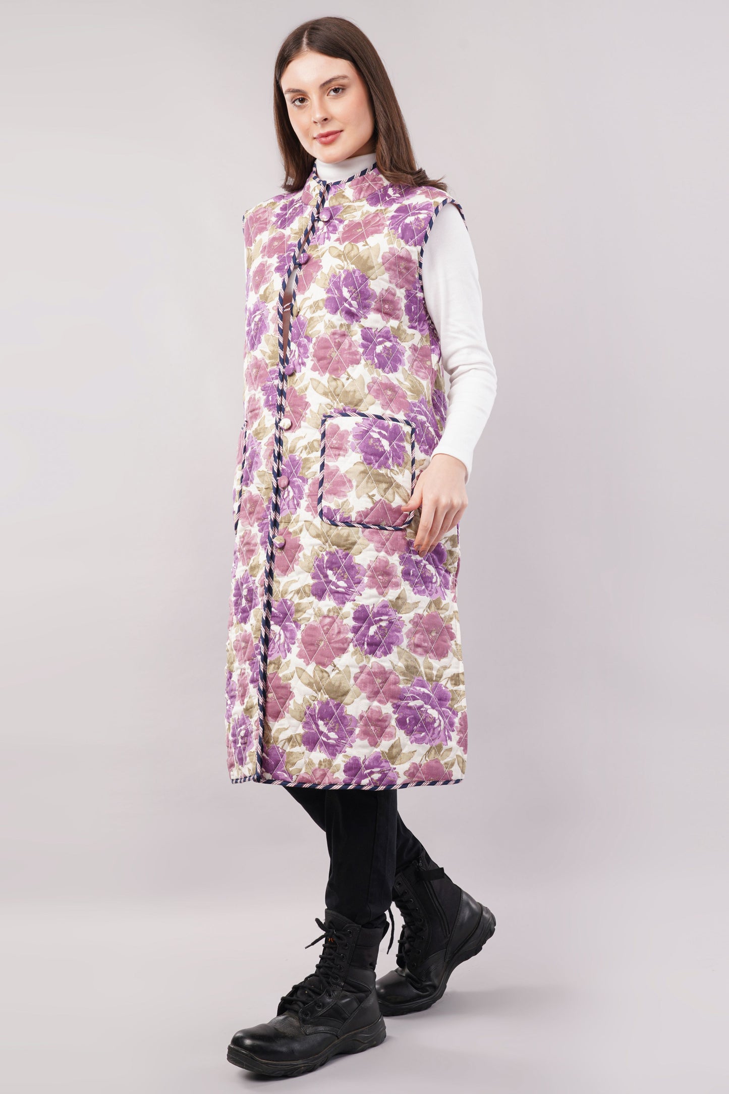 Reversible Quilted Cotton Vest – Purple Floral & Pink Diamond Sleeveless Jacket with Pockets