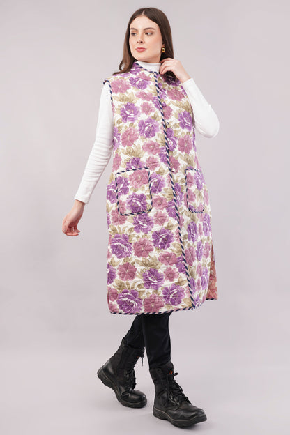 Reversible Quilted Cotton Vest – Purple Floral & Pink Diamond Sleeveless Jacket with Pockets