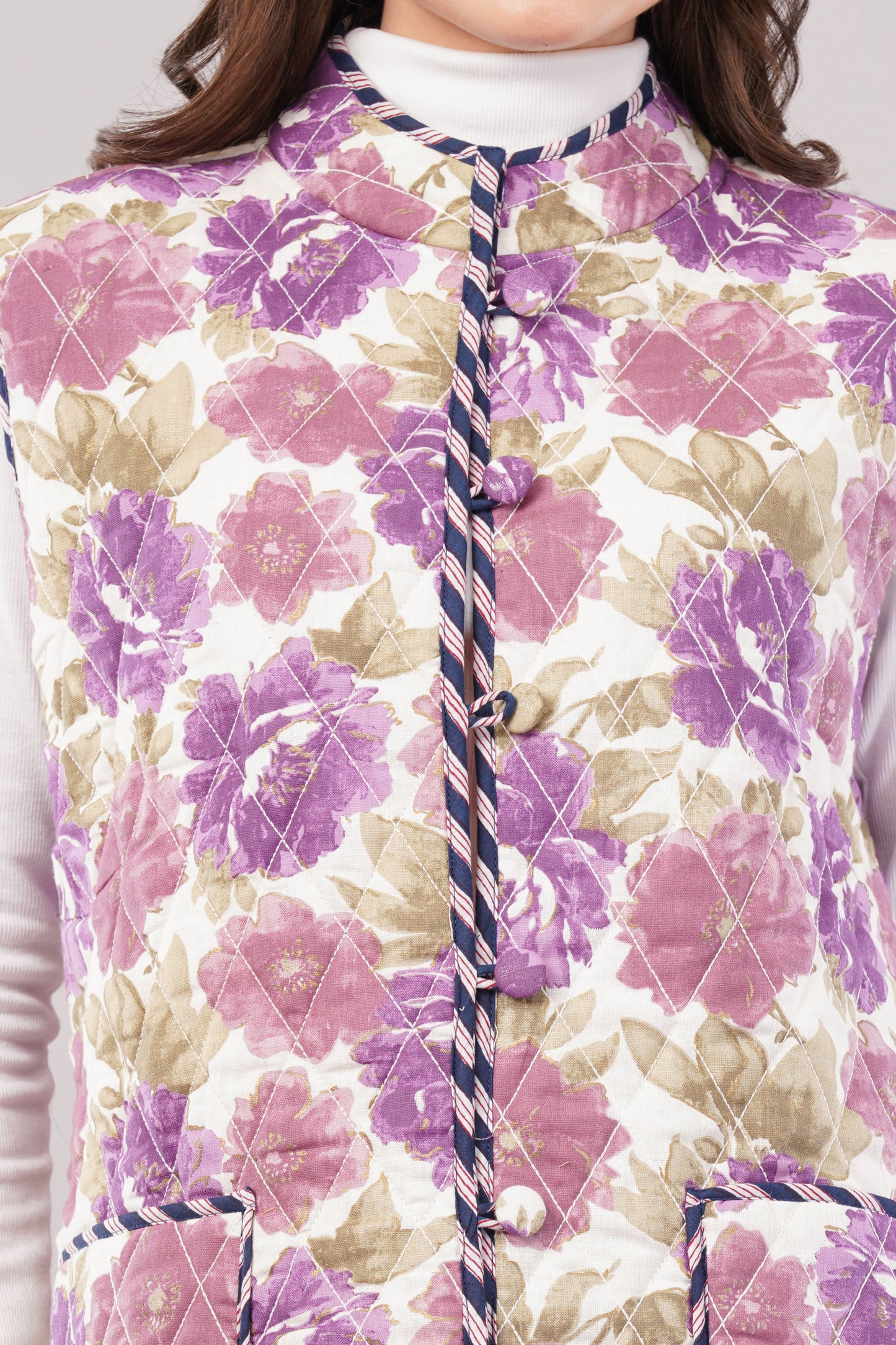 Reversible Quilted Cotton Vest – Purple Floral & Pink Diamond Sleeveless Jacket with Pockets