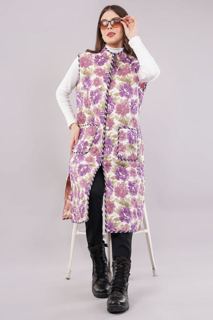 Reversible Quilted Cotton Vest – Purple Floral & Pink Diamond Sleeveless Jacket with Pockets