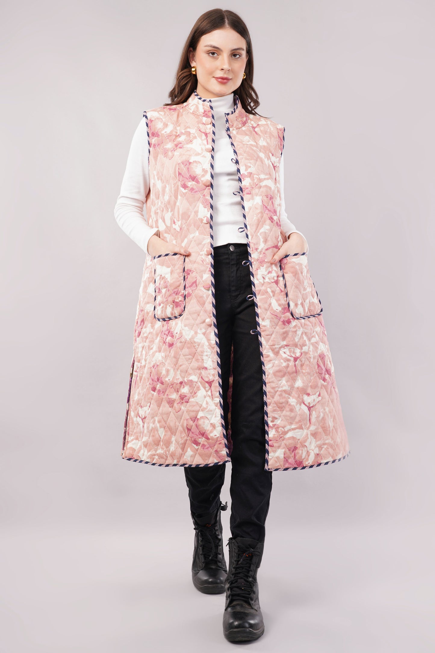 Reversible Quilted Cotton Vest – Purple Floral & Pink Diamond Sleeveless Jacket with Pockets
