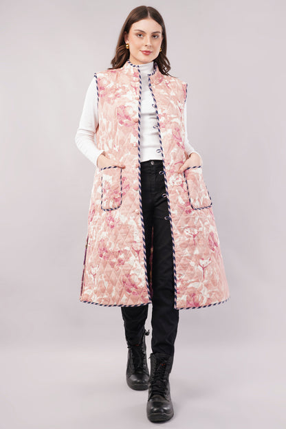 Reversible Quilted Cotton Vest – Purple Floral & Pink Diamond Sleeveless Jacket with Pockets