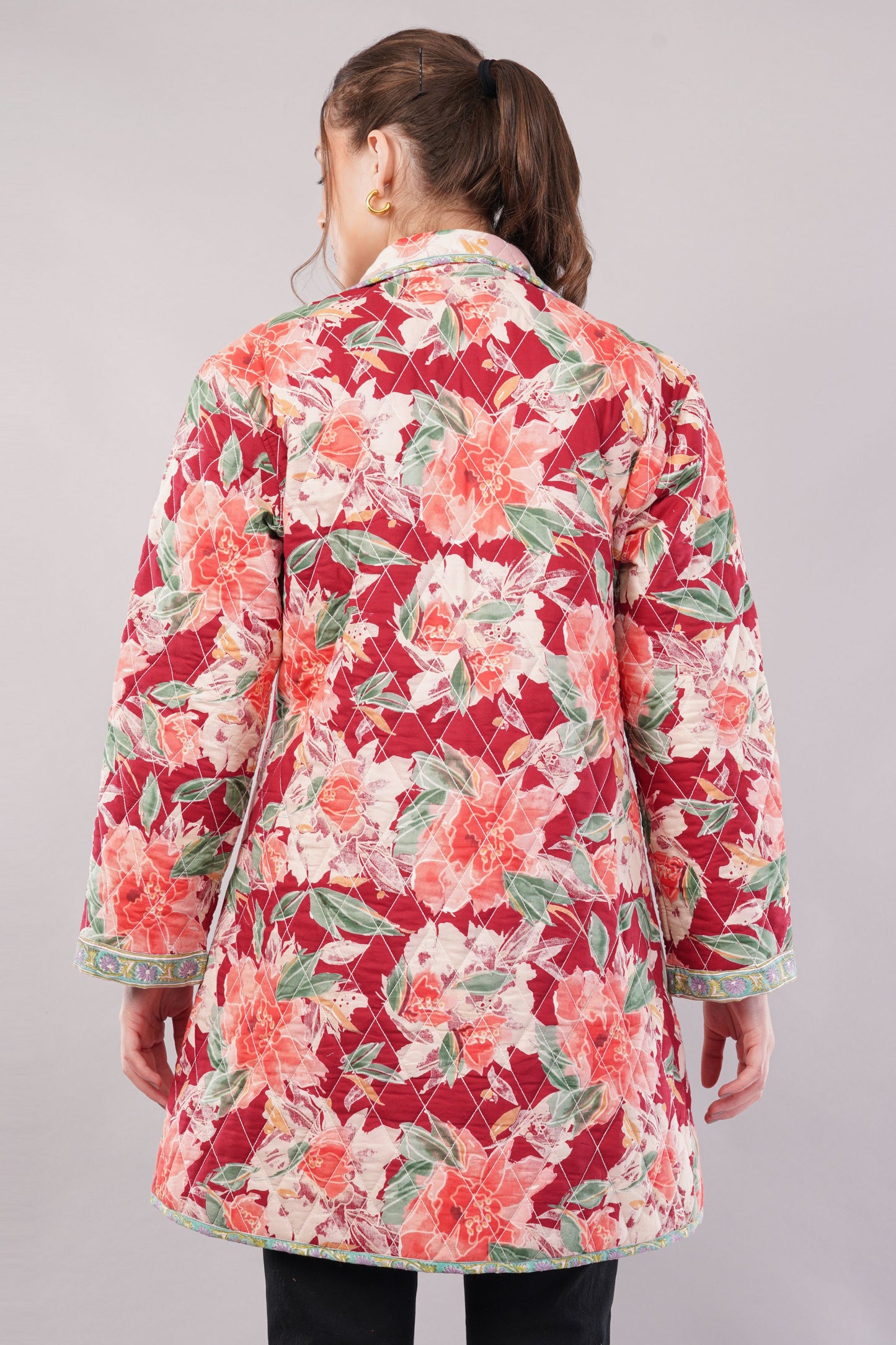 Quilted Cotton Coat – Red & Pink Floral Long Jacket with Lapel Collar and Pockets