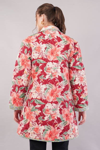 Quilted Cotton Coat – Red & Pink Floral Long Jacket with Lapel Collar and Pockets