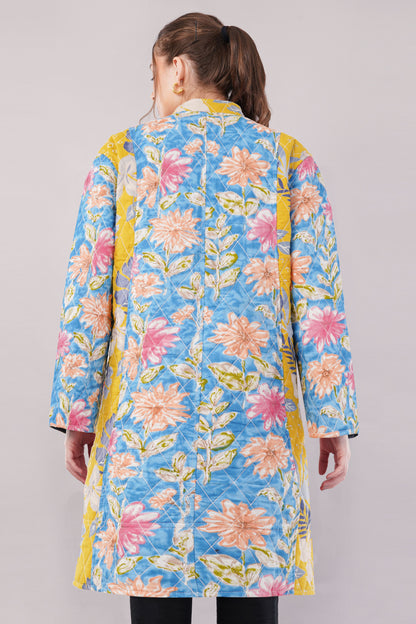 Reversible Quilted Cotton Coat – Dark Blue & Multicolor Floral Long Jacket with Contrast Lining