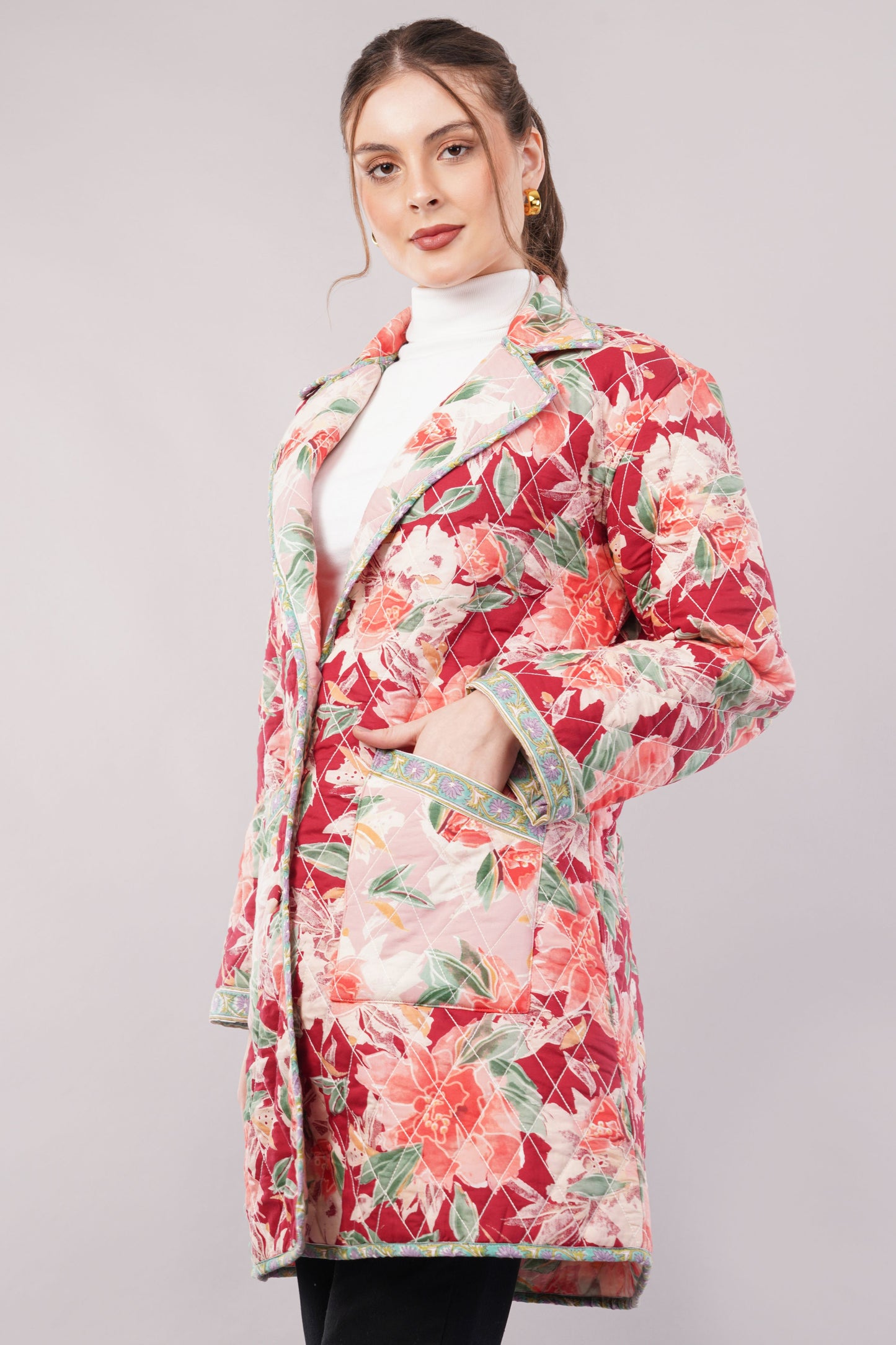 Quilted Cotton Coat – Red & Pink Floral Long Jacket with Lapel Collar and Pockets