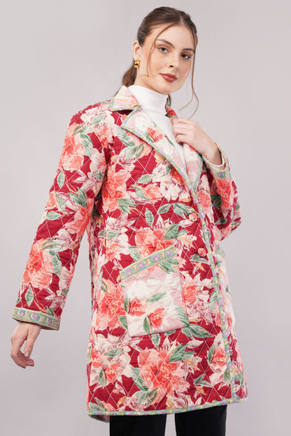 Quilted Cotton Coat – Red & Pink Floral Long Jacket with Lapel Collar and Pockets