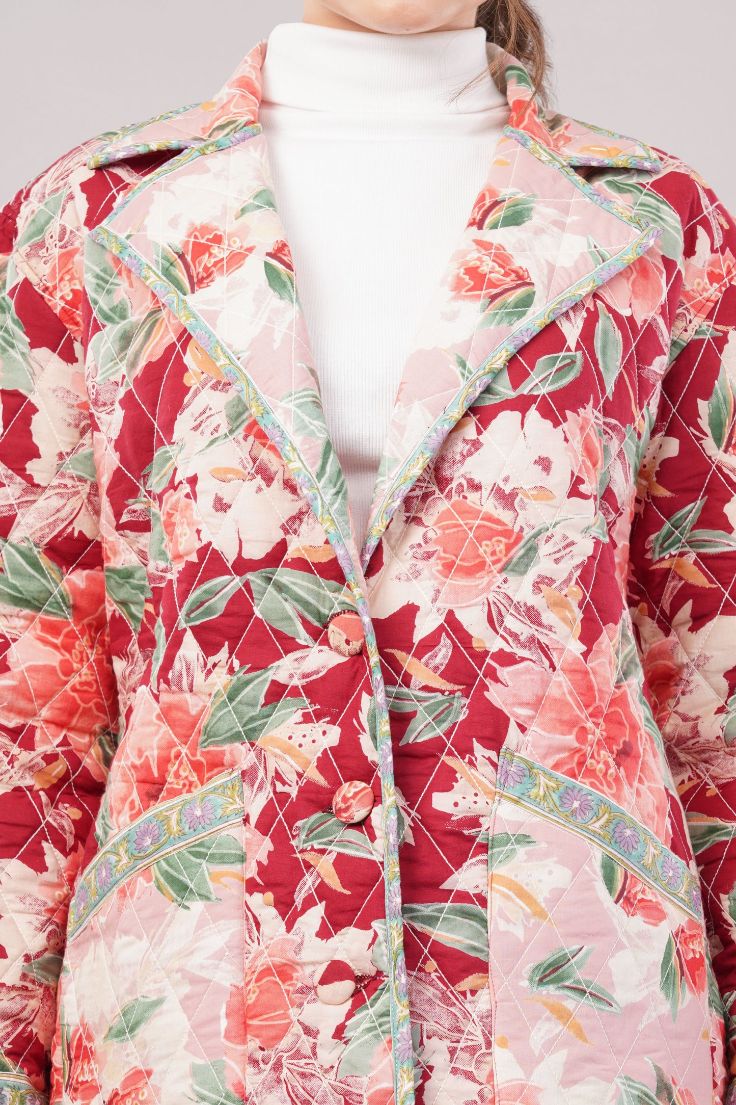 Quilted Cotton Coat – Red & Pink Floral Long Jacket with Lapel Collar and Pockets