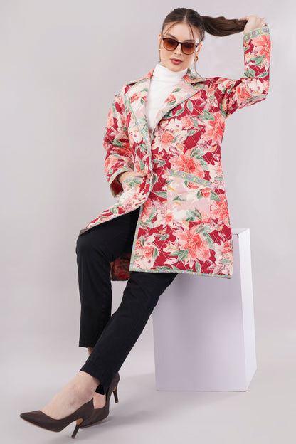 Quilted Cotton Coat – Red & Pink Floral Long Jacket with Lapel Collar and Pockets