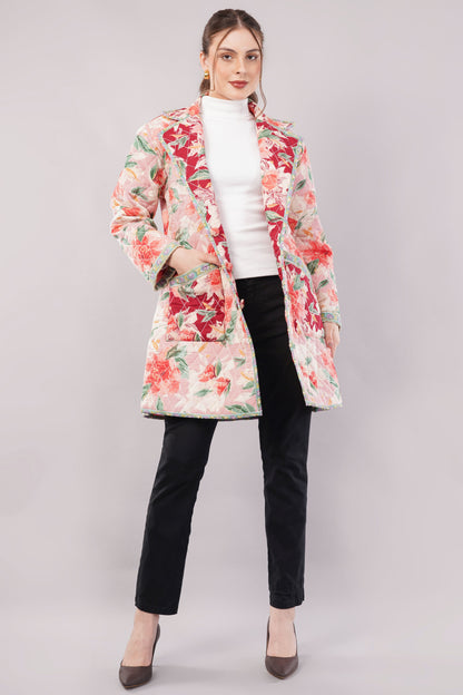 Quilted Cotton Coat – Red & Pink Floral Long Jacket with Lapel Collar and Pockets