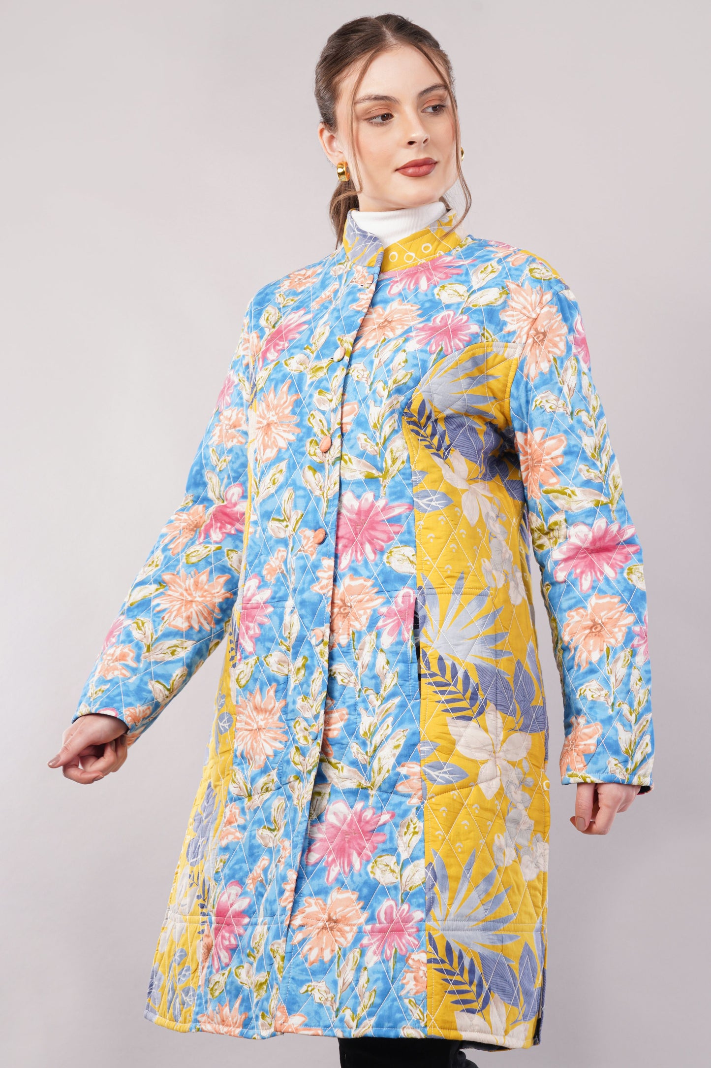 Reversible Quilted Cotton Coat – Dark Blue & Multicolor Floral Long Jacket with Contrast Lining