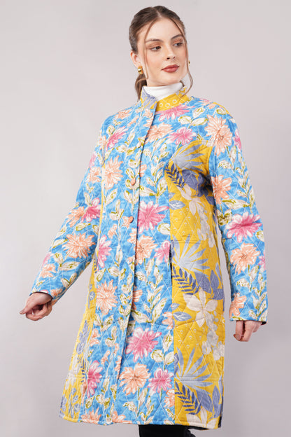 Reversible Quilted Cotton Coat – Dark Blue & Multicolor Floral Long Jacket with Contrast Lining