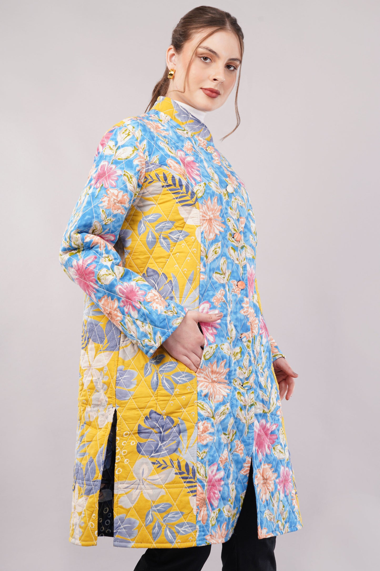 Reversible Quilted Cotton Coat – Dark Blue & Multicolor Floral Long Jacket with Contrast Lining