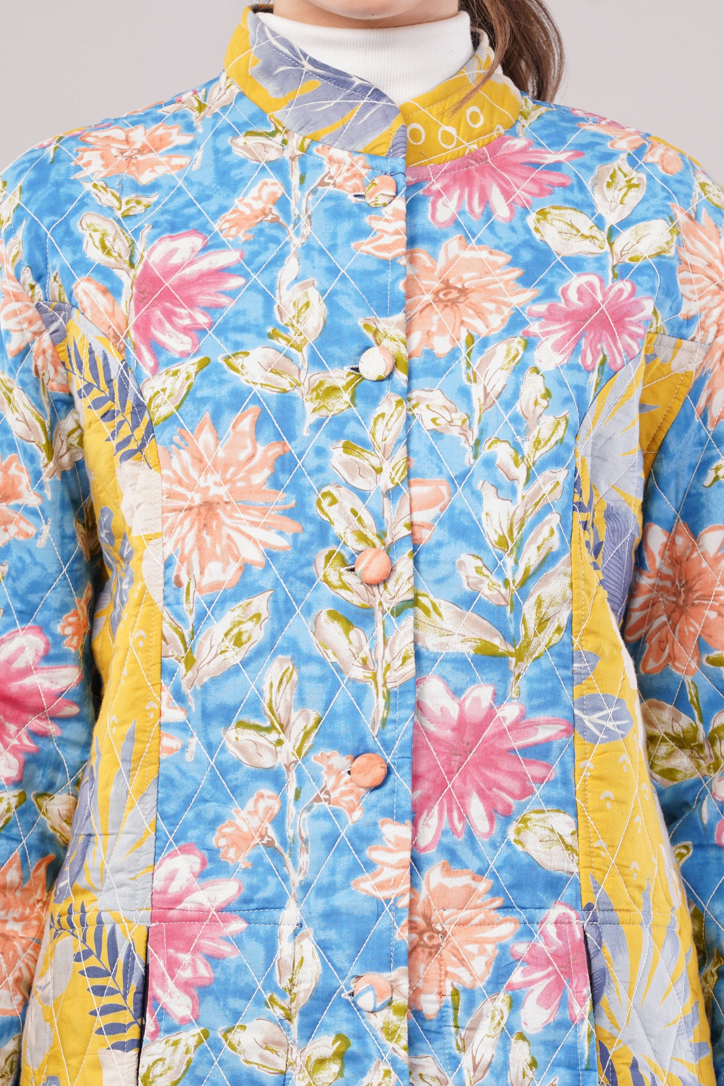 Reversible Quilted Cotton Coat – Dark Blue & Multicolor Floral Long Jacket with Contrast Lining