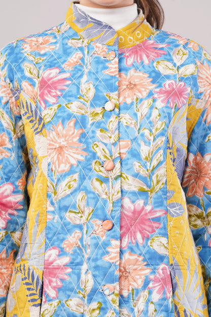 Reversible Quilted Cotton Coat – Dark Blue & Multicolor Floral Long Jacket with Contrast Lining