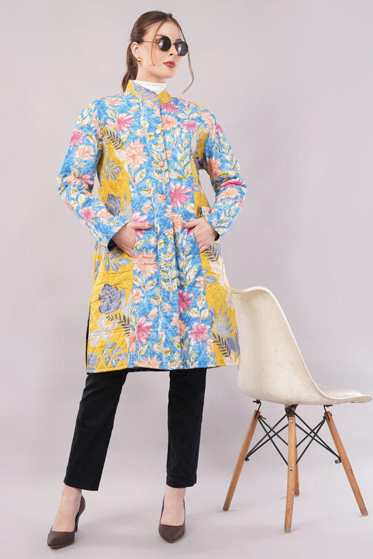 Reversible Quilted Cotton Coat – Dark Blue & Multicolor Floral Long Jacket with Contrast Lining