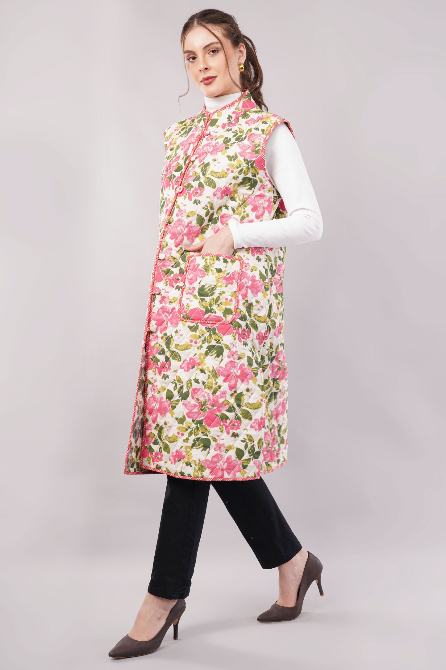 Reversible Quilted Cotton Vest – Pink Floral & Brown Botanical Sleeveless Jacket with Pockets