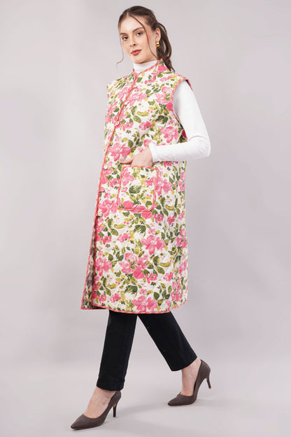 Reversible Quilted Cotton Vest – Pink Floral & Brown Botanical Sleeveless Jacket with Pockets