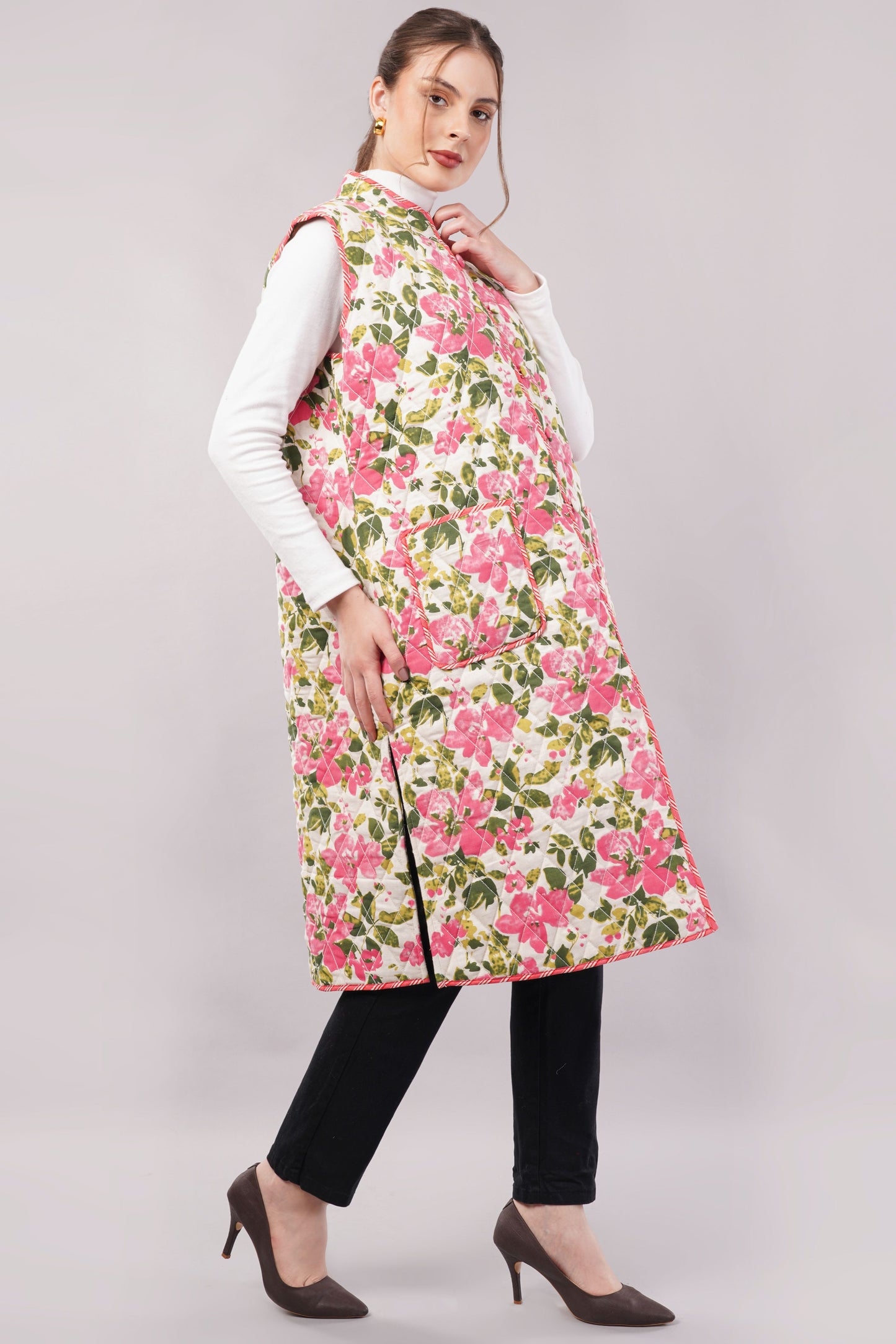 Reversible Quilted Cotton Vest – Pink Floral & Brown Botanical Sleeveless Jacket with Pockets