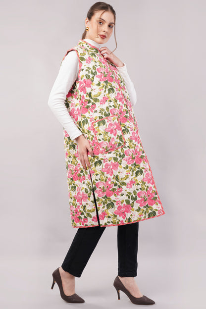Reversible Quilted Cotton Vest – Pink Floral & Brown Botanical Sleeveless Jacket with Pockets