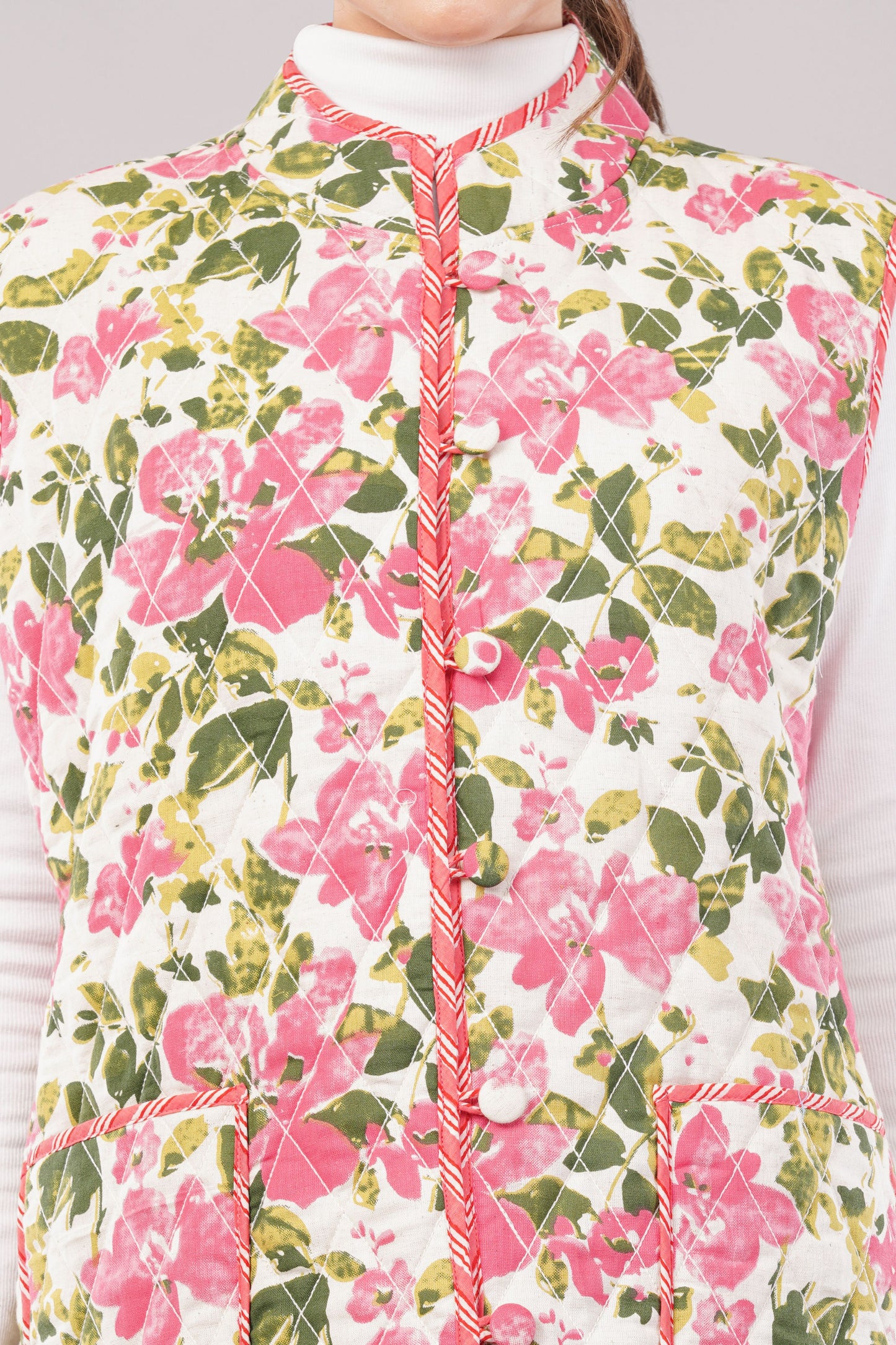 Reversible Quilted Cotton Vest – Pink Floral & Brown Botanical Sleeveless Jacket with Pockets