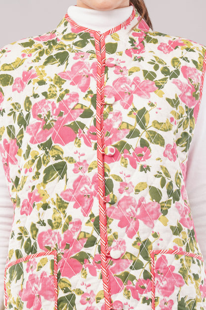 Reversible Quilted Cotton Vest – Pink Floral & Brown Botanical Sleeveless Jacket with Pockets