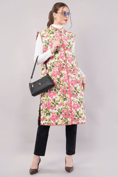 Reversible Quilted Cotton Vest – Pink Floral & Brown Botanical Sleeveless Jacket with Pockets