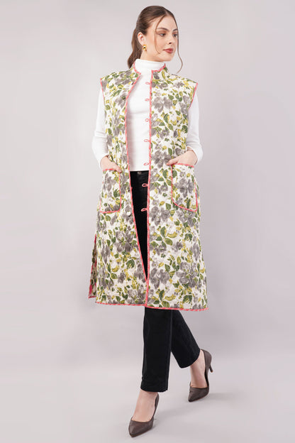 Reversible Quilted Cotton Vest – Pink Floral & Brown Botanical Sleeveless Jacket with Pockets