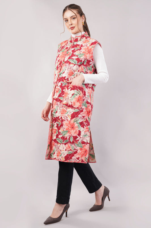 Reversible Quilted Cotton Vest – Pink Floral & Brown Botanical Sleeveless Jacket with Pockets