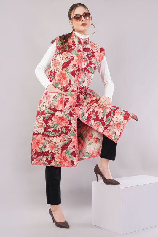 Reversible Quilted Cotton Vest – Pink Floral & Brown Botanical Sleeveless Jacket with Pockets