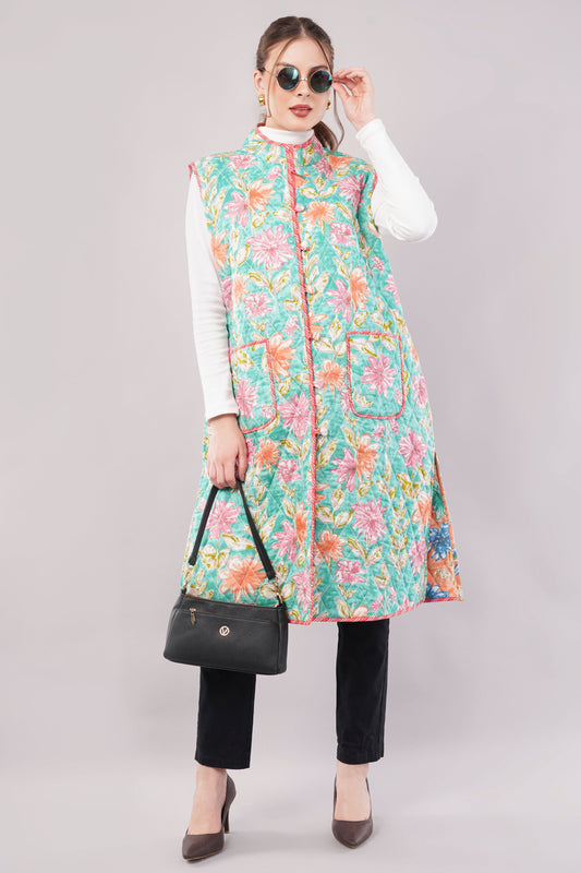 Reversible Sleeveless Quilted Floral Cotton Jacket-Vest – Bold Artisan Print & Dual Style