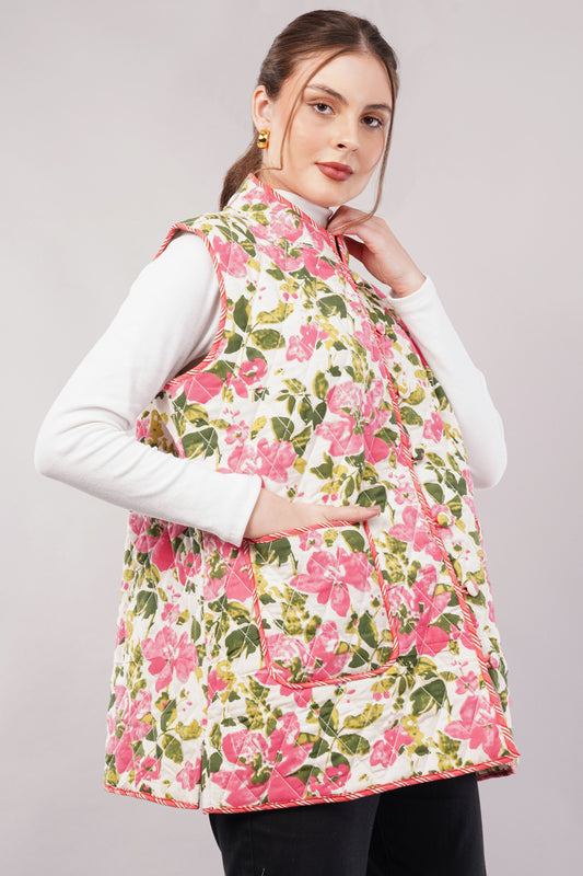 Reversible Sleeveless Quilted Cotton Jacket-Vest – Nature-Inspired Floral & Leaf Print, Dual-Sided Artisan Outerwear