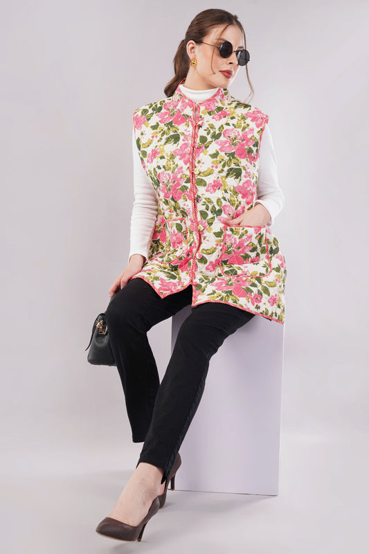 Reversible Sleeveless Quilted Cotton Jacket-Vest – Nature-Inspired Floral & Leaf Print, Dual-Sided Artisan Outerwear