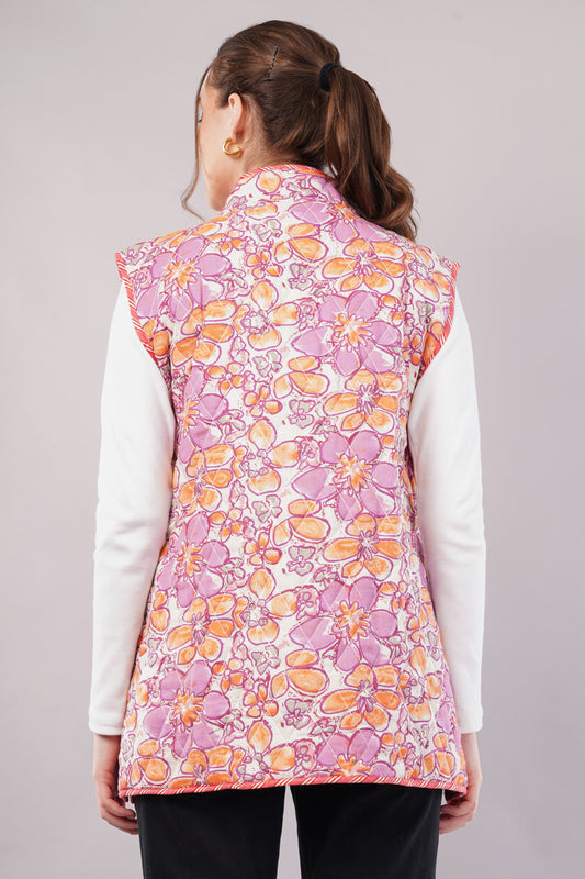 Reversible Sleeveless Quilted Cotton Jacket-Vest – Pink Floral & Earthy Beige Print, Dual-Sided Artisan Outerwear
