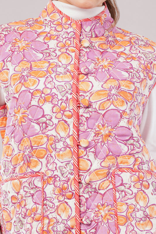 Reversible Sleeveless Quilted Cotton Jacket-Vest – Pink Floral & Earthy Beige Print, Dual-Sided Artisan Outerwear