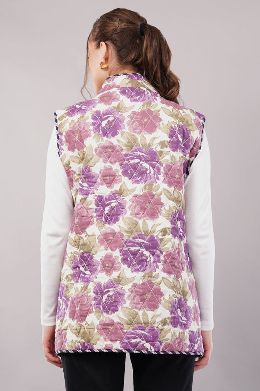 Reversible Sleeveless Quilted Cotton Jacket-Vest – Pink Botanical Print & Contrast Trim, Dual-Sided Artisan Outerwear