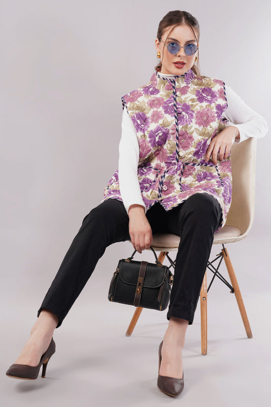 Reversible Sleeveless Quilted Cotton Jacket-Vest – Pink Botanical Print & Contrast Trim, Dual-Sided Artisan Outerwear