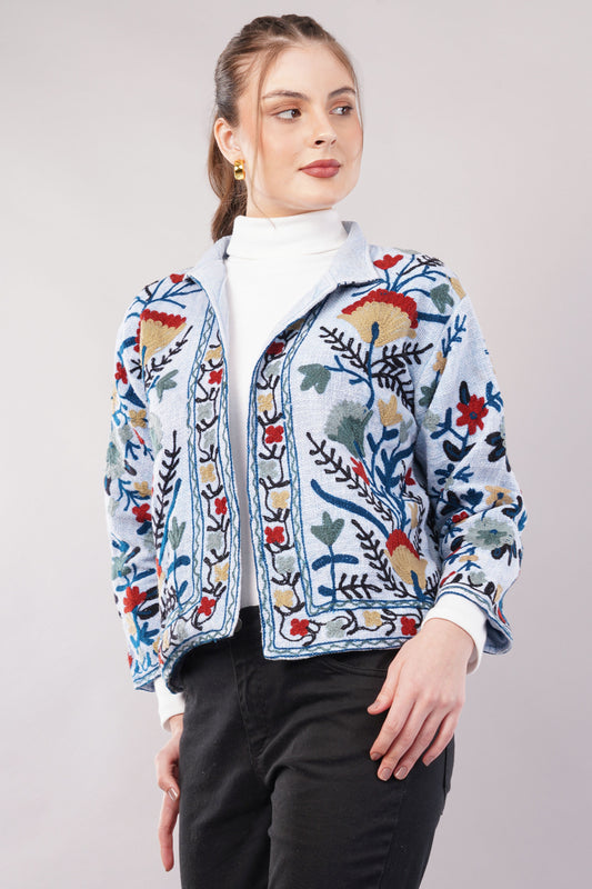 Embroidered Light Blue Cotton Jacket – Vibrant Floral Threadwork & Artisan Statement Outerwear