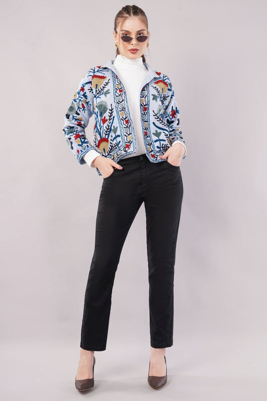 Embroidered Light Blue Cotton Jacket – Vibrant Floral Threadwork & Artisan Statement Outerwear