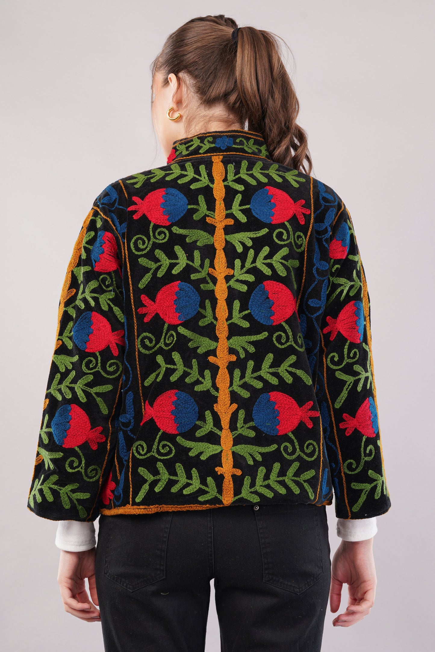 Embroidered Black Cotton Jacket – Vibrant Floral Motif & Folk-Inspired Artisan Outerwear