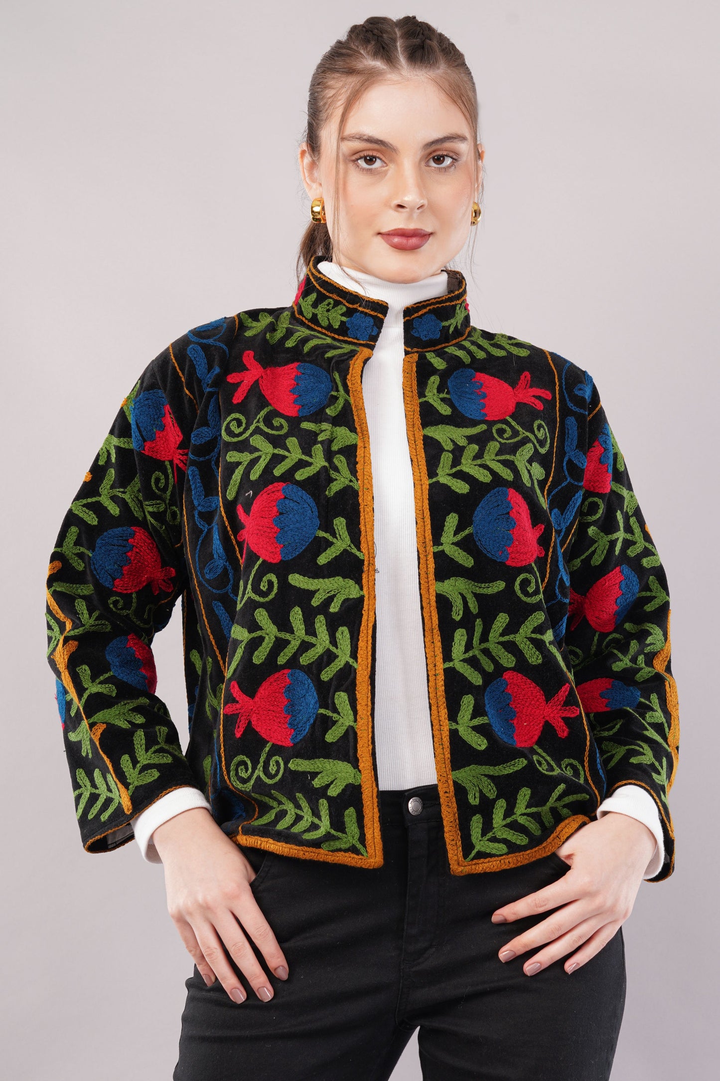 Embroidered Black Cotton Jacket – Vibrant Floral Motif & Folk-Inspired Artisan Outerwear