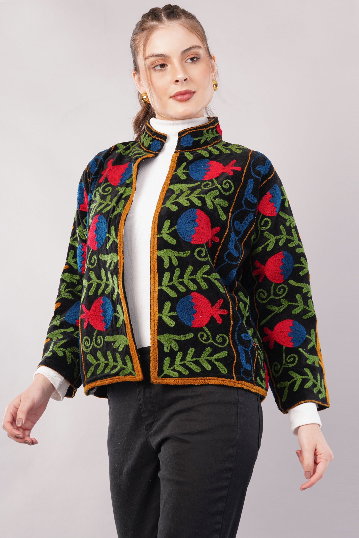 Embroidered Black Cotton Jacket – Vibrant Floral Motif & Folk-Inspired Artisan Outerwear
