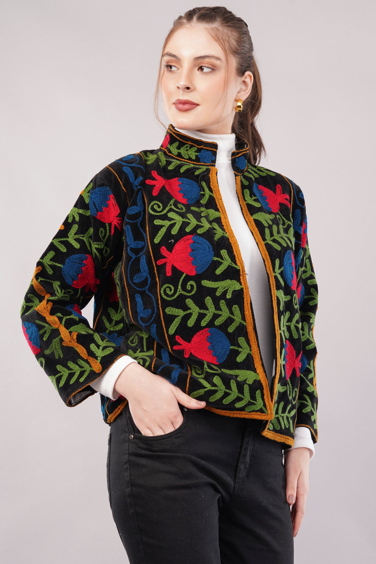 Embroidered Black Cotton Jacket – Vibrant Floral Motif & Folk-Inspired Artisan Outerwear