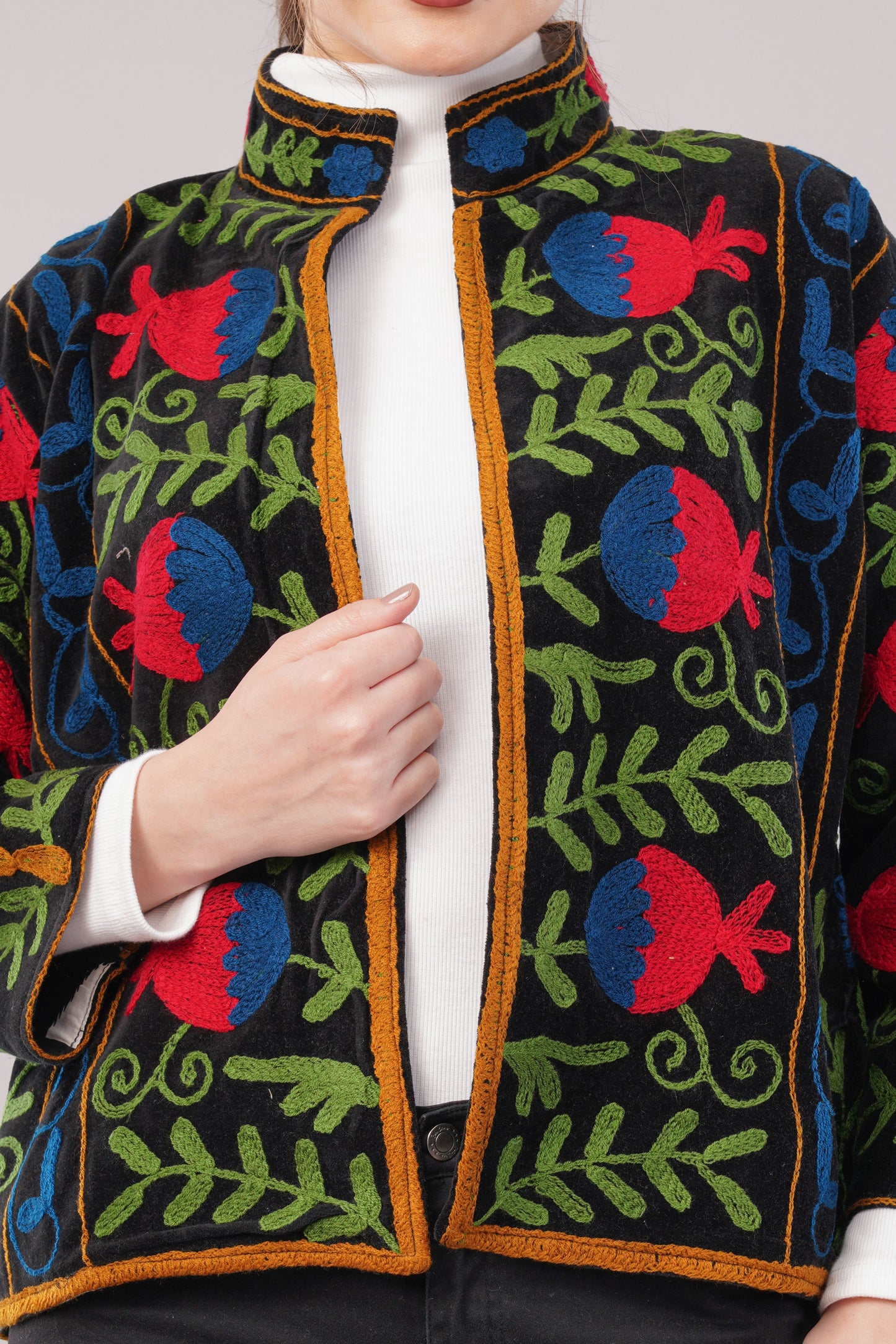 Embroidered Black Cotton Jacket – Vibrant Floral Motif & Folk-Inspired Artisan Outerwear
