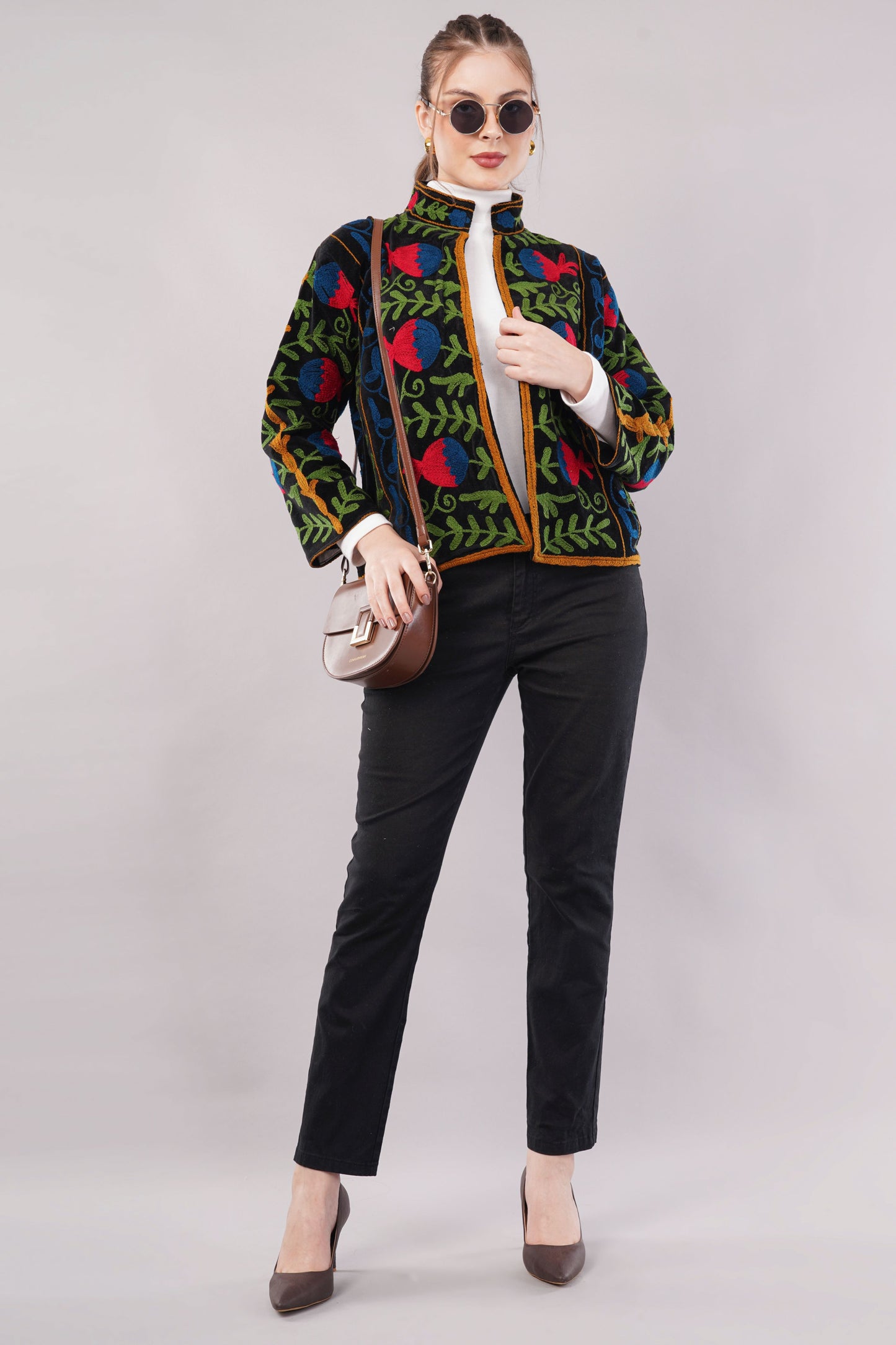 Embroidered Black Cotton Jacket – Vibrant Floral Motif & Folk-Inspired Artisan Outerwear