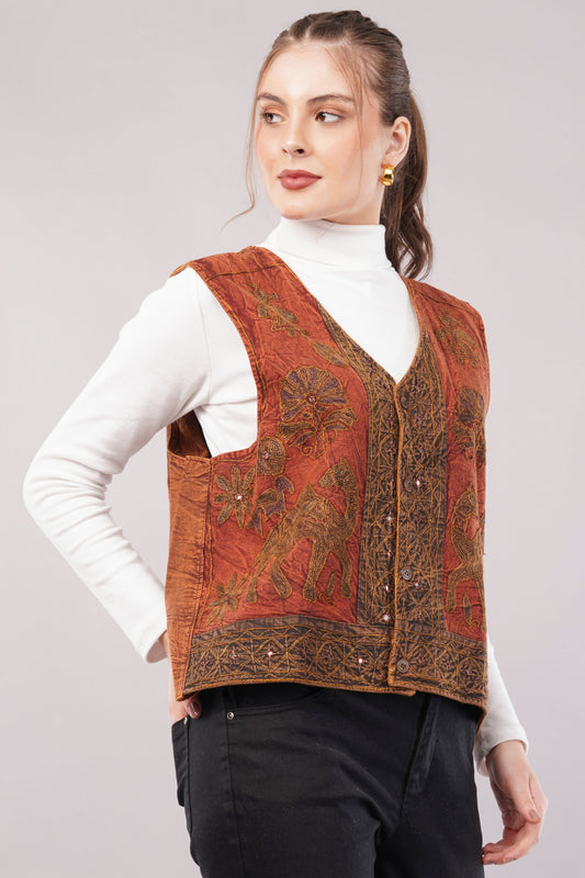 Sleeveless Embroidered Cotton Jacket-Vest – Brown Base with Folk-Inspired Motifs & Artisan Detailing