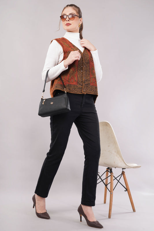 Sleeveless Embroidered Cotton Jacket-Vest – Brown Base with Folk-Inspired Motifs & Artisan Detailing